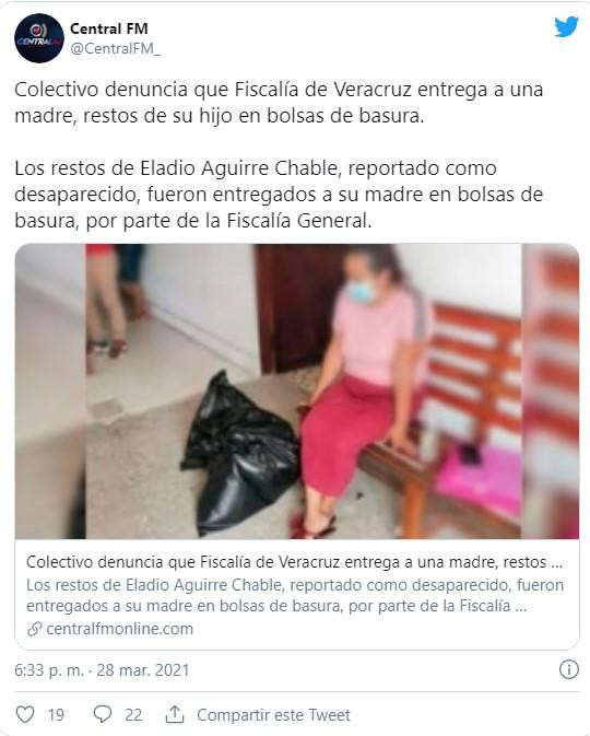 Los restos de un hijo a su madre en bolsas de basura