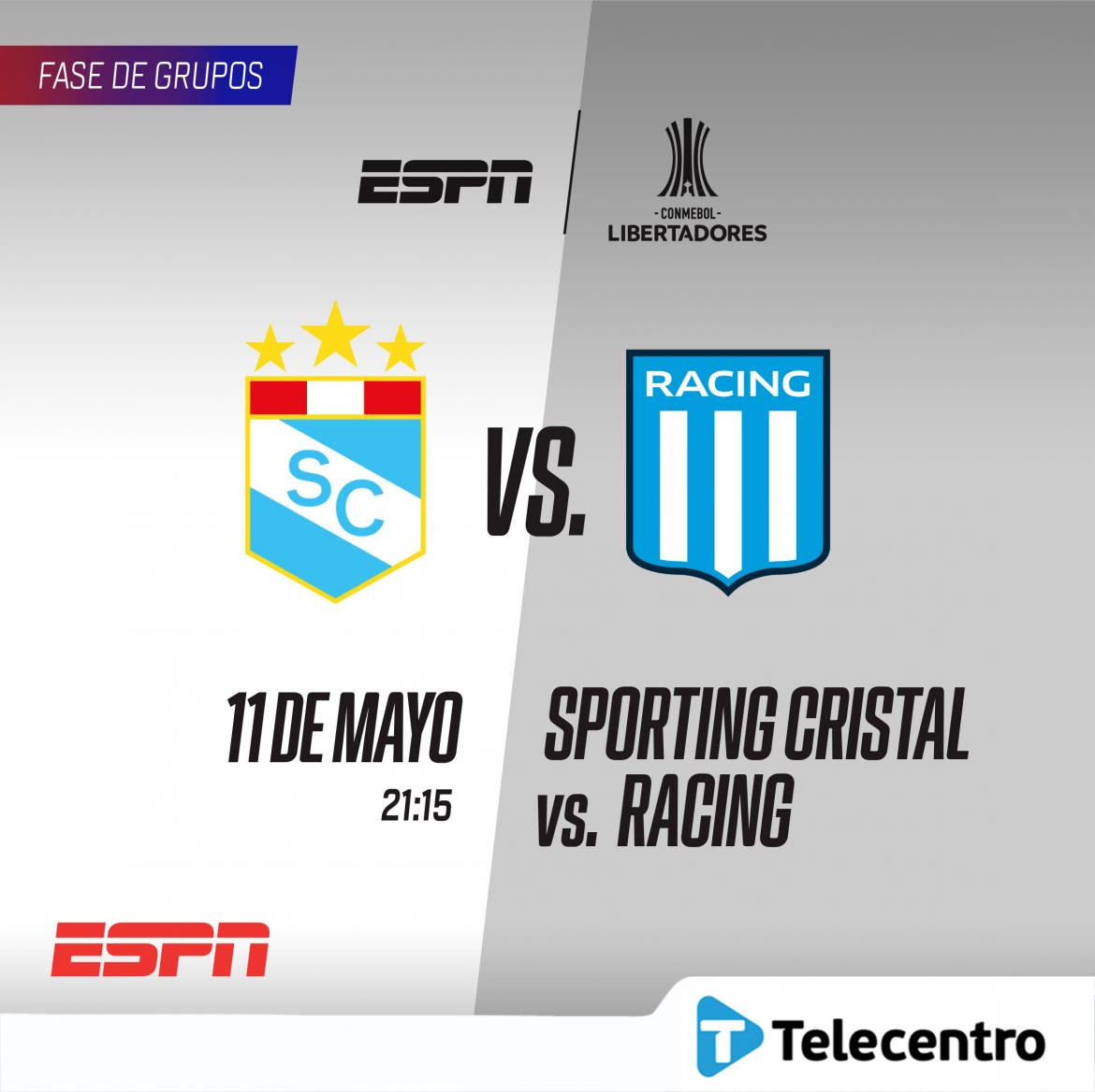 Telecentro, Copa Libertadores, Racing vs Sporting Cristal , martes 11 de mayo 21:30