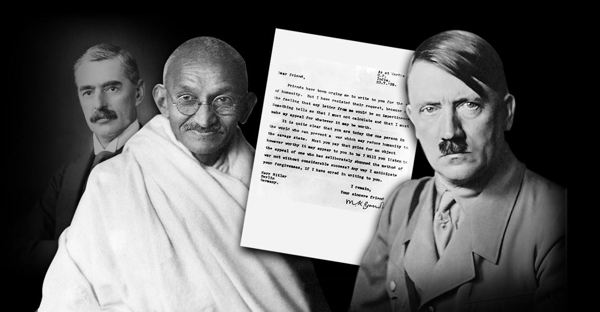 Neville Chamberlain, Mahatma Gandhi y Adolf Hitler