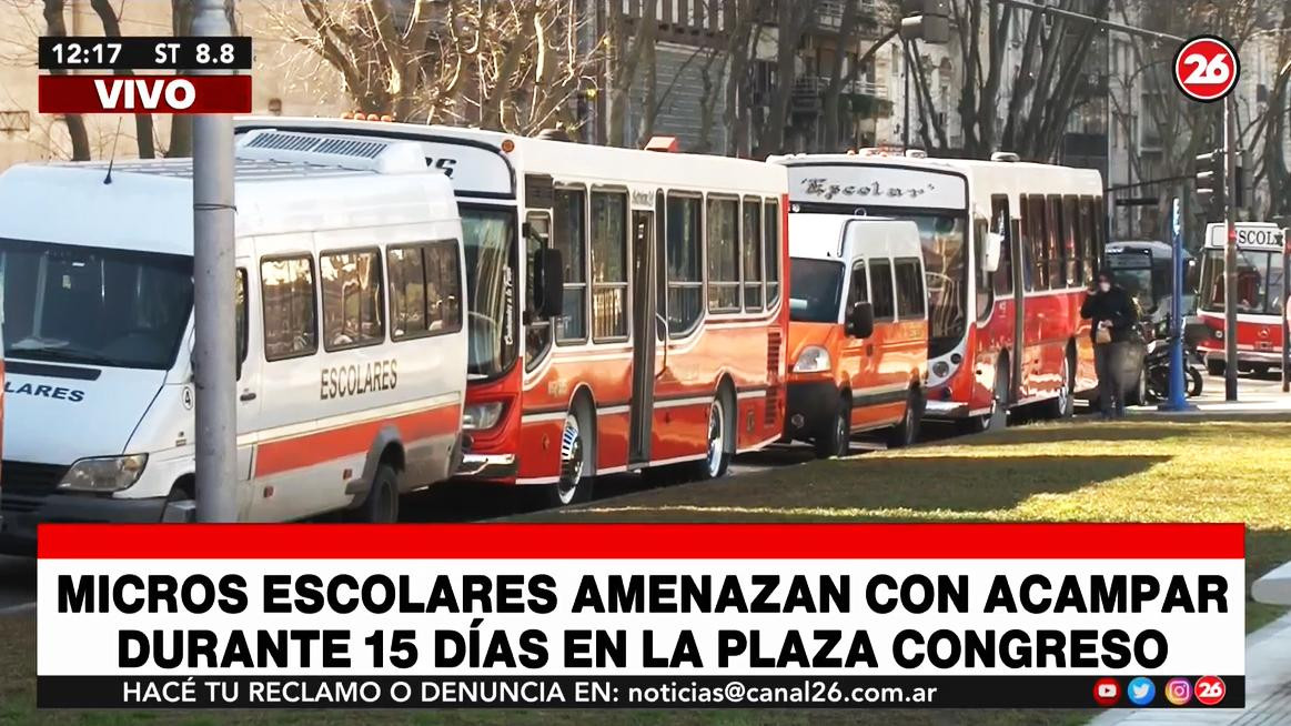 Protesta de choferes de micros escolares en el Congreso, Canal 26