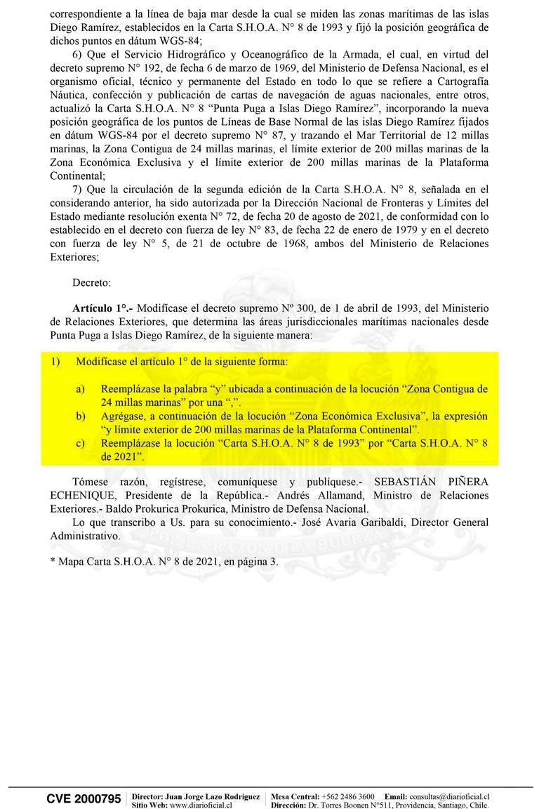 Facsímil del decreto firmado por Sebastián Piñera que viola los tratados de Hielos Continentales y de Paz y Amistad firmados por la Argentina y Chile