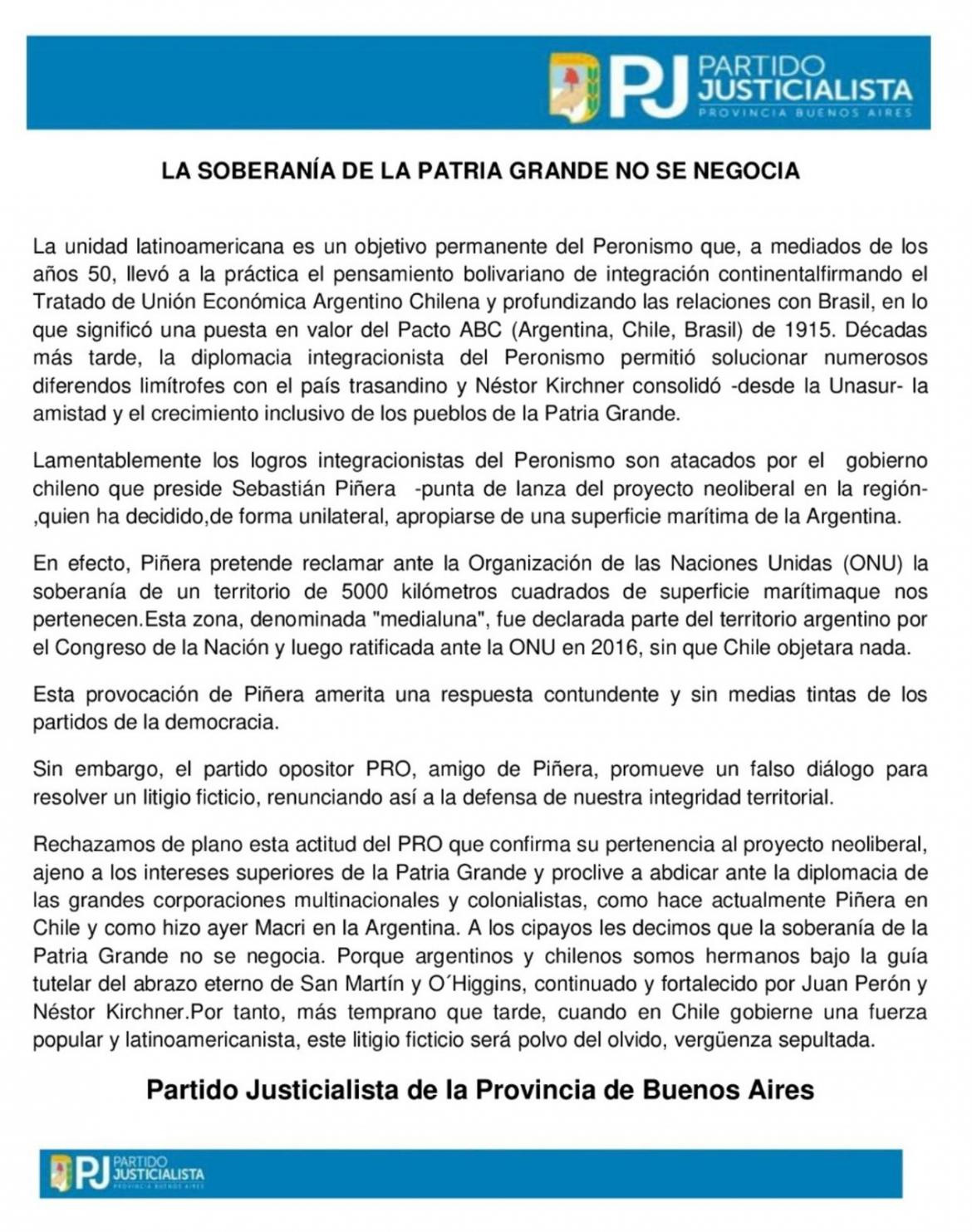 Comunicado del Partido Justicialista por la soberanía