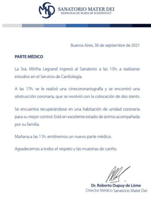 Parte médico de Mirtha Legrand