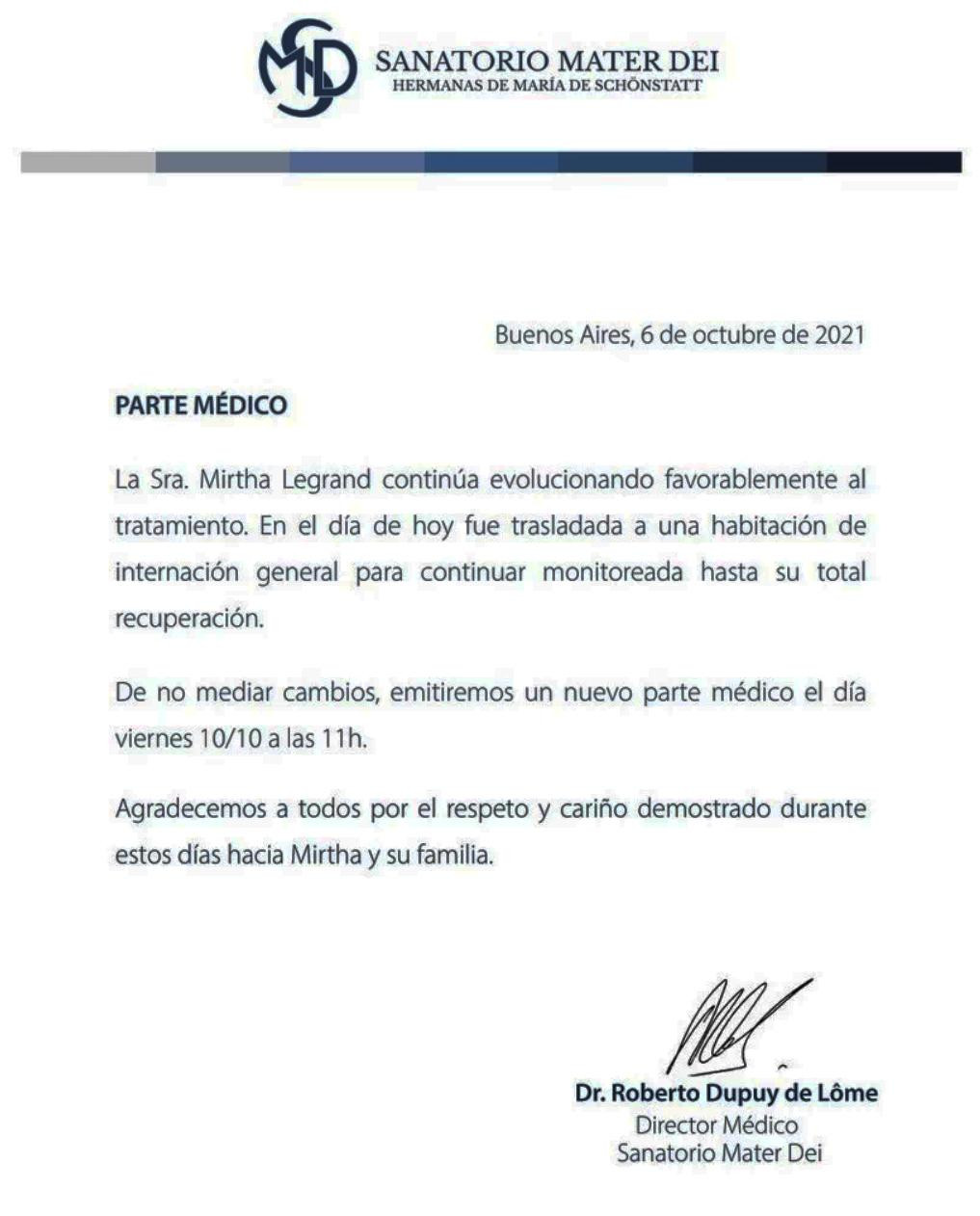 Parte médico de Mirtha Legrand, 6 de octubre de 2021