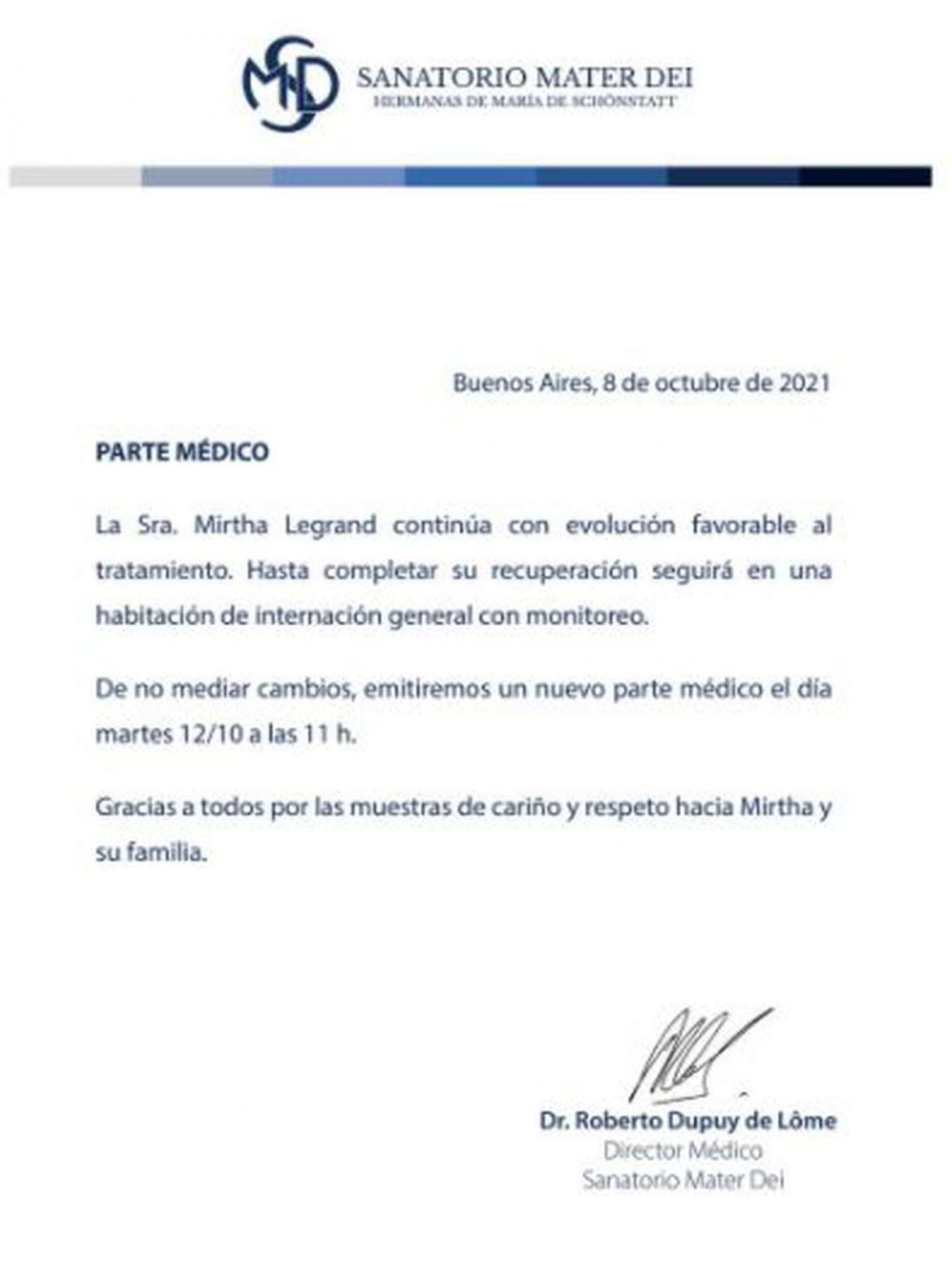 Parte médico de Mirtha Legrand - 08-10-21