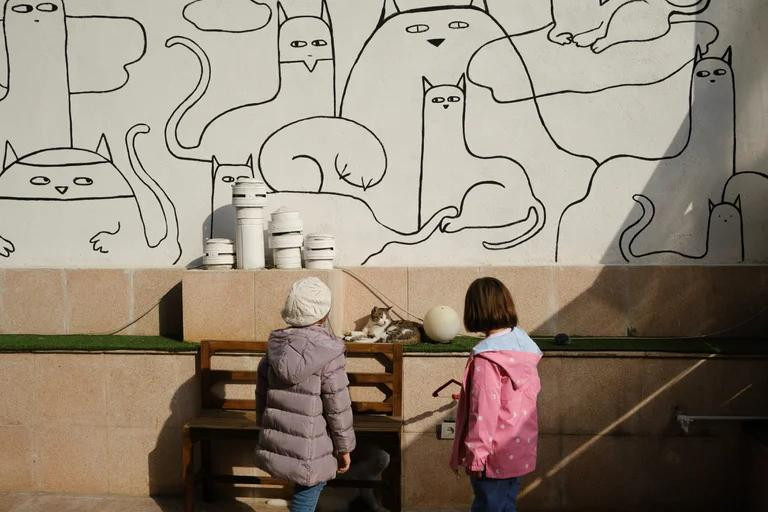 Dos niñas juegan con un gato en el café Museo del Gato Persa en Teherán, foto EFE