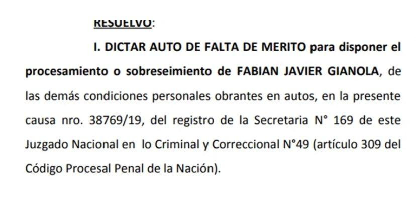 Dictamen de falta de mérito para Fabián Gianola en la causa por abuso sexual