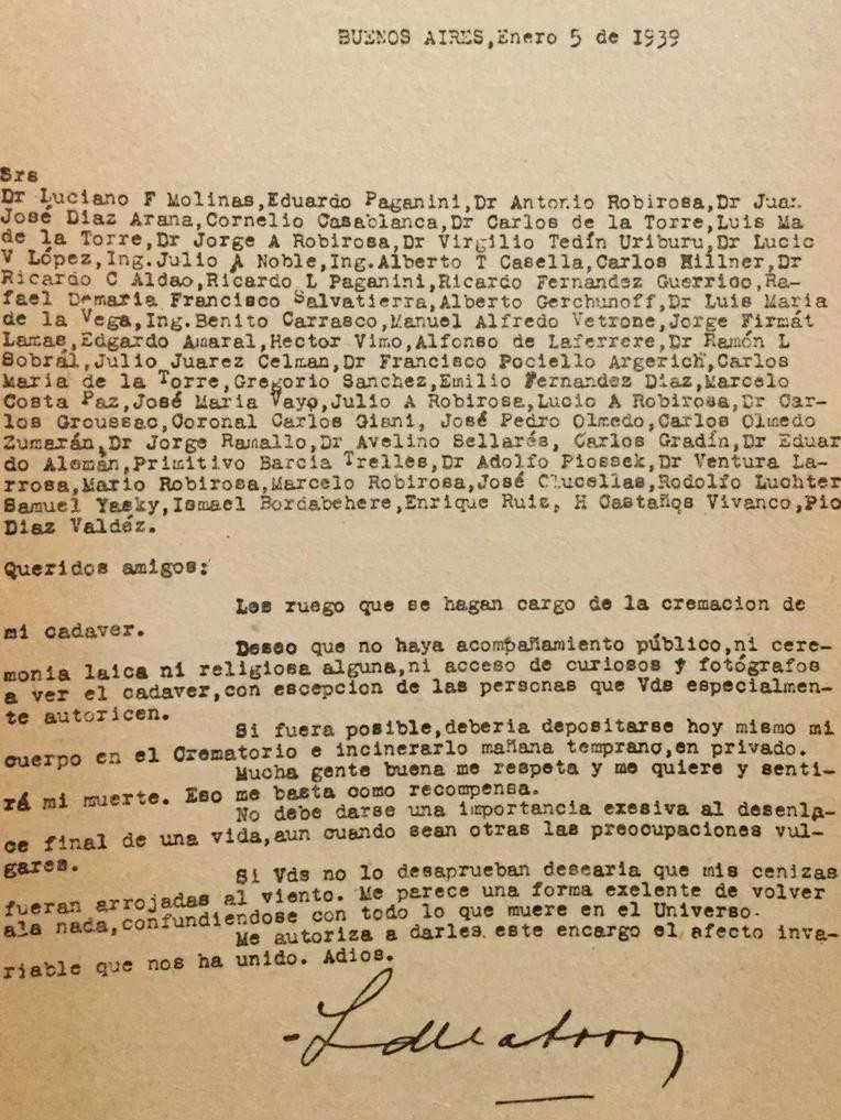 Carta de despedida de Lisandro de la Torre antes de suicidarse 