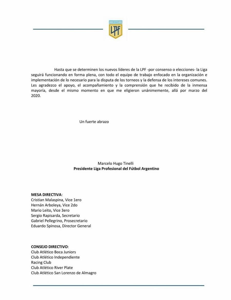 Carta Tinelli pidiendo elecciones anticipadas para la Liga Profesional.