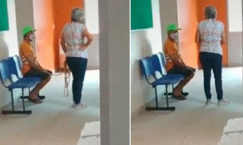 Ató a su marido y lo llevó a vacunarse y la foto se hizo viral