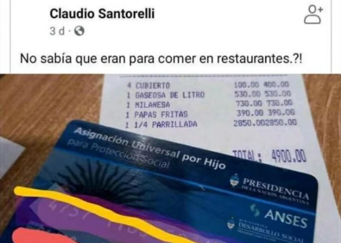 Pago con AUH en restaurante de San Clemente