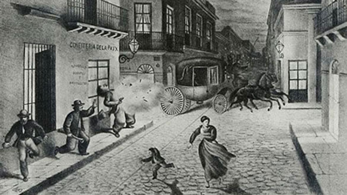 Atentado contra Sarmiento el 23 de agosto de 1873 cuando salía de la casa de Aurelia Vélez Sársfield 