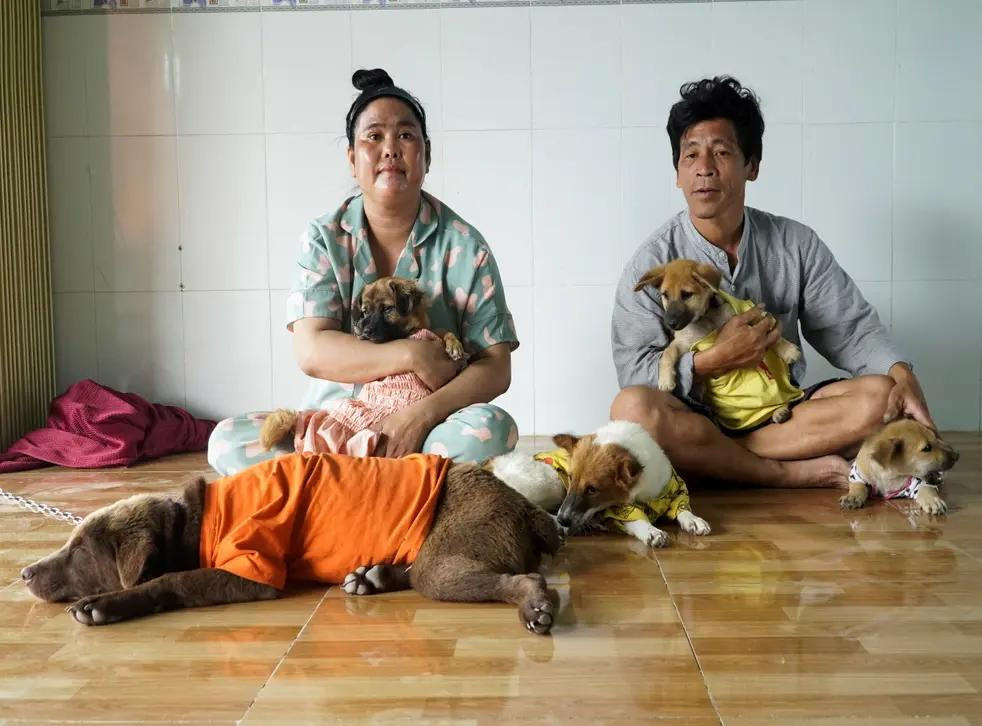 Matrimonio vietnamita con sus perros