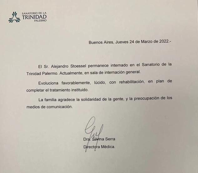 Parte médico de Alejandro Stoessel - 24-03-22