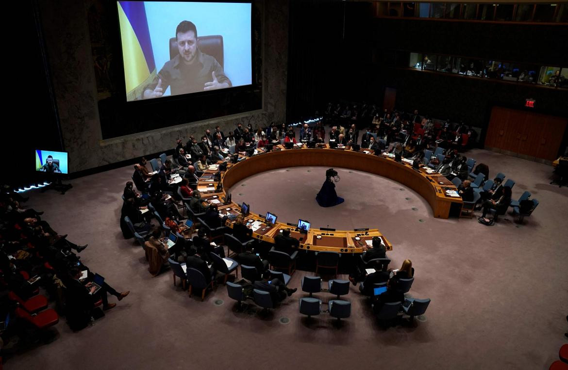 Volodimir Zelenski ante el Consejo de Seguridad de la ONU, foto EFE