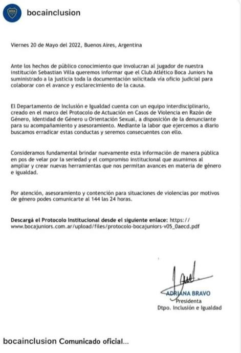 Comunicado del Departamento de Inclusión de Boca sobre el caso Villa. Foto: NA.