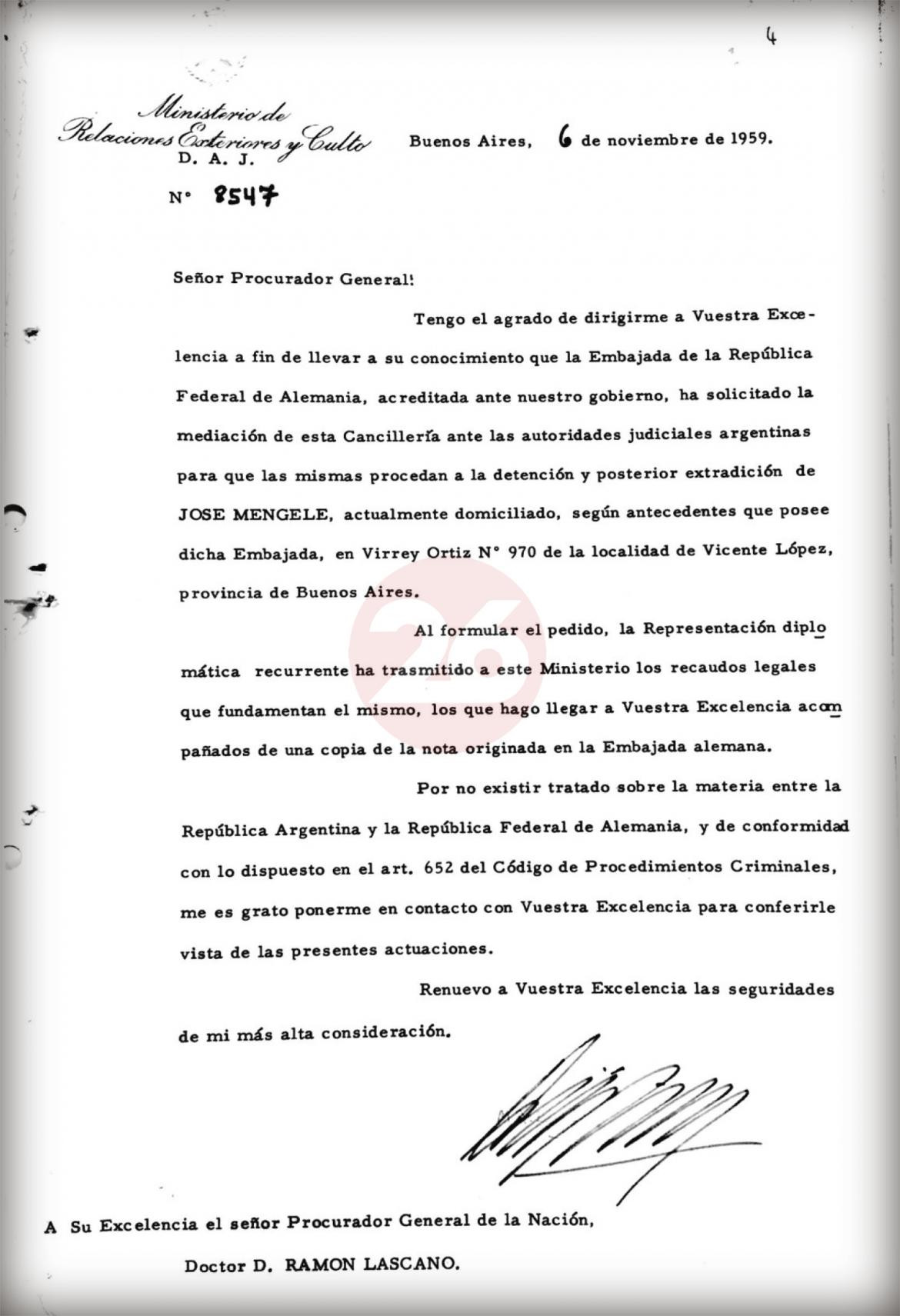 Mengele en Argentina, documentos por extradición