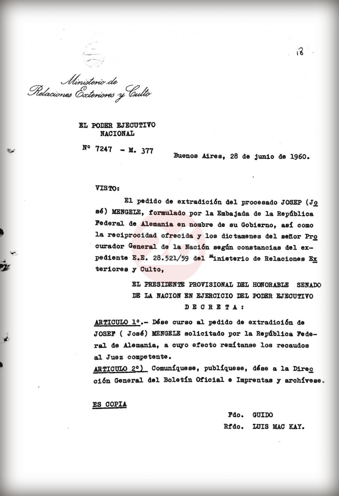 Mengele en Argentina, documentos por extradición