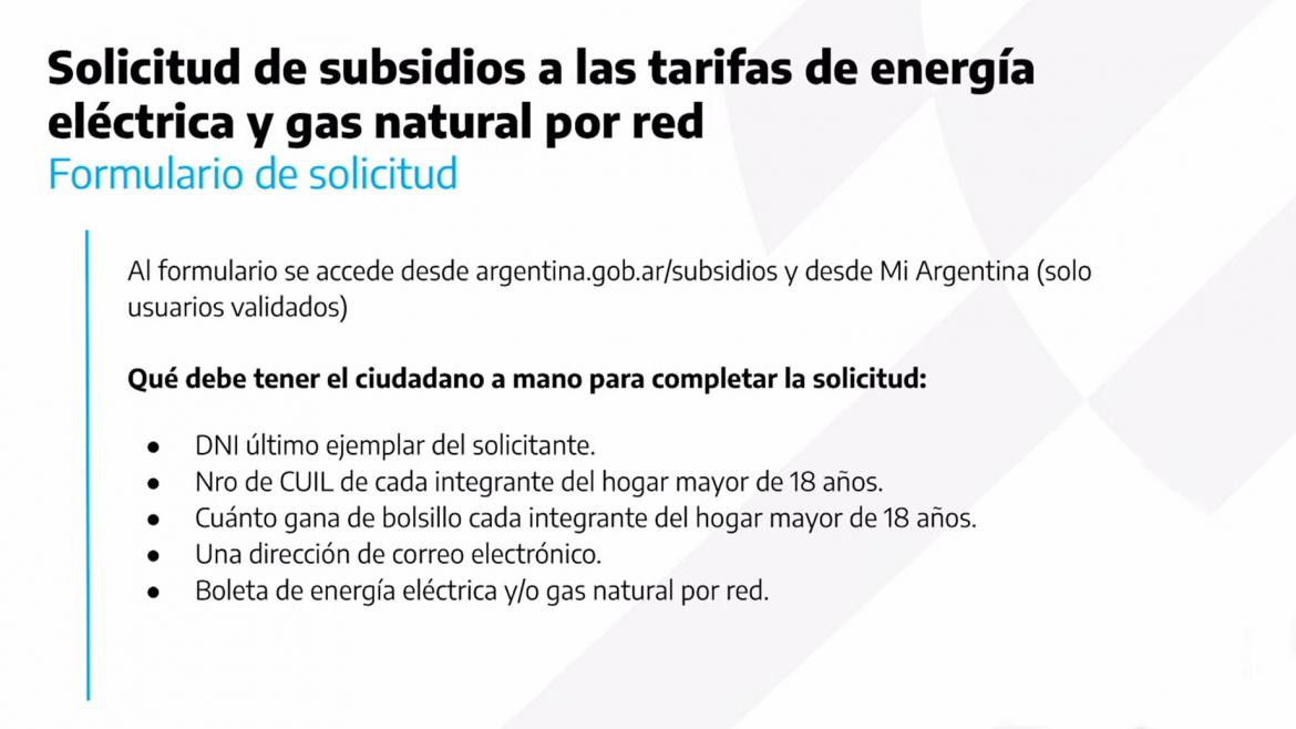 Formulario de subsidios de gas y luz. Foto: NA.