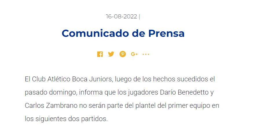 Comunicado de Boca. Foto: bocajuniors.com.ar