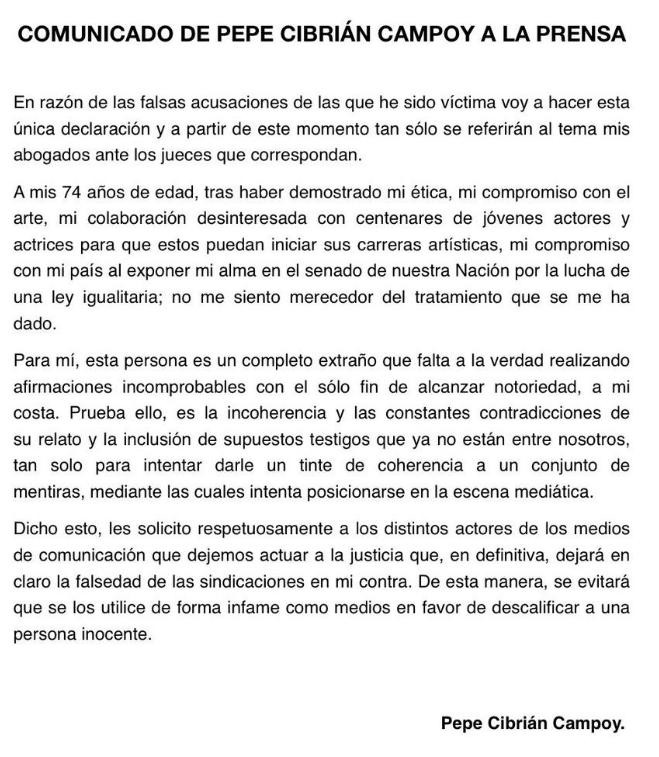 Comunicado de Pepe Cibrián. Foto: Twitter/marcelapgodoy.