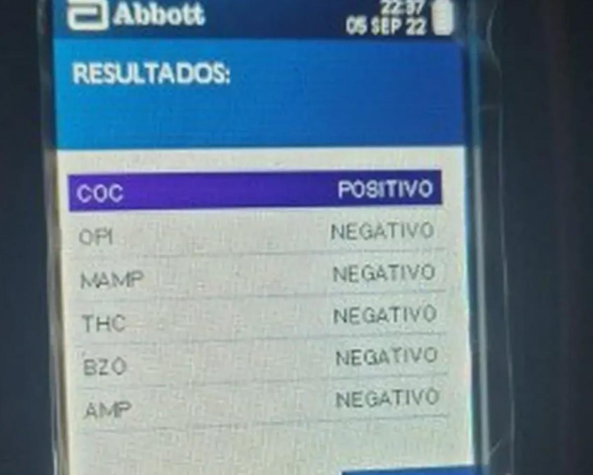 El test positivo para cocaína de uno de los cuatro conductores. Foto: Rosario 3