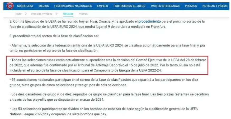 Decisión de la UEFA sobre la selección de Rusia en la Eurocopa 2024. Foto: NA.