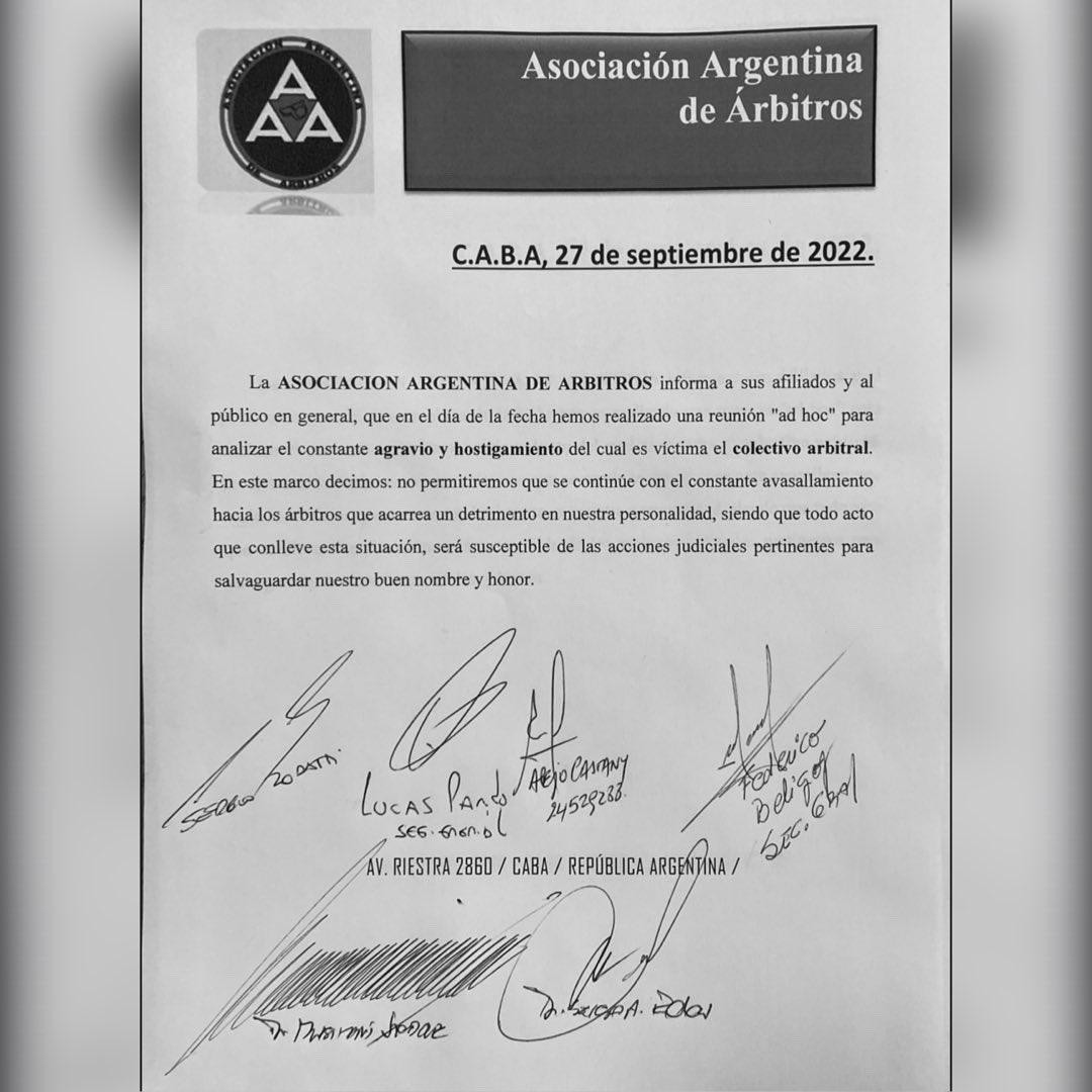 Comunicado oficial de los árbitros. Foto: @aaaprensa.