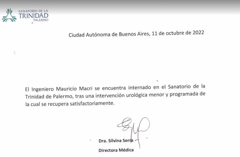 Parte médico de Mauricio Macri. Foto: NA