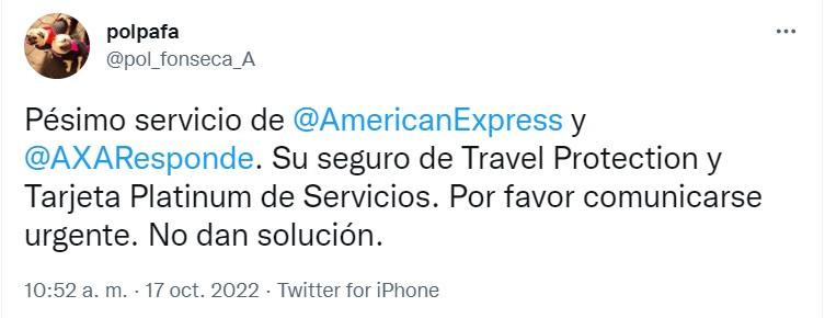 Quejas de usuarios por las tarjetas de American Express. Foto: Twitter.