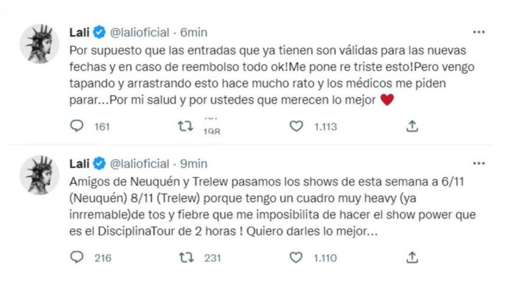 Comunicado de Lali. Foto: Twitter/lalioficial