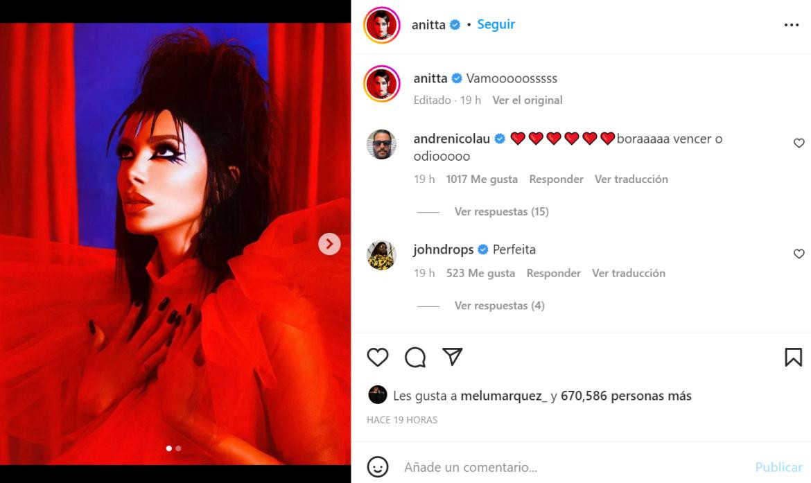 Anitta festejando el triunfo de Lula. Foto: Instagram/anitta.