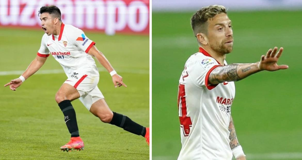 Papu G+omez y Marcos Acuña, jugadores de Sevilla. Foto: REUTERS