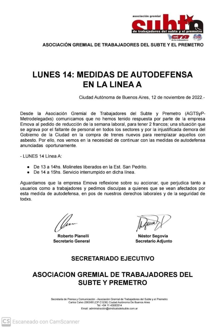 Comunicado de la CTA de paro de subtes. Foto: Prensa CTA