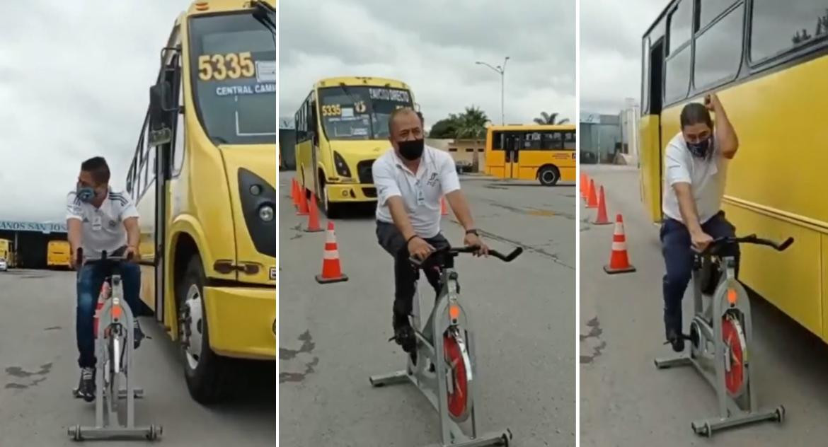 Choferes de colectivos son subidos a bicicletas. Captura video