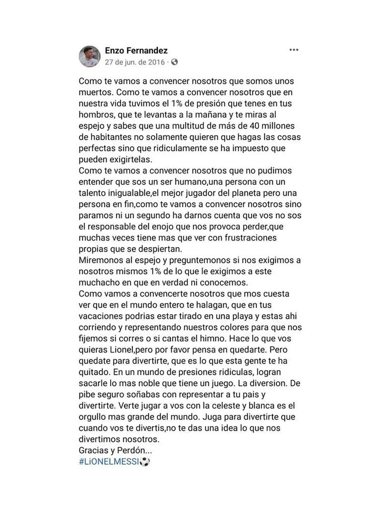 La carta de Enzo Fernández a Lionel Messi. Foto: Facebook Enzo Fernández.