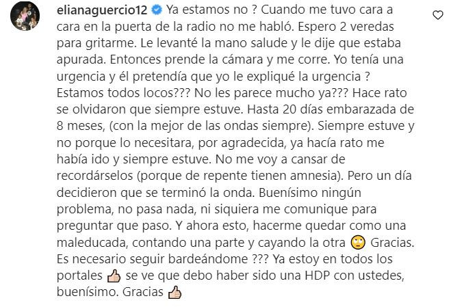 La respuesta de Eliana Guercio. Foto: Instagram.