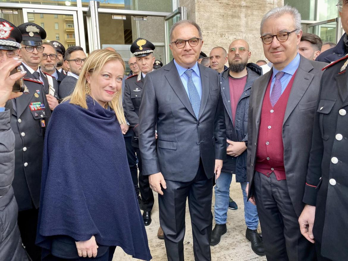 Giorgia Meloni durante una visita a la Fiscalía de Palermo, Sicilia, Italia. Foto: EFE.