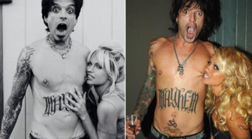 La personificación de Stan y Lily James (izquierda) como Tommy Lee y Pamela Anderson (derecha).