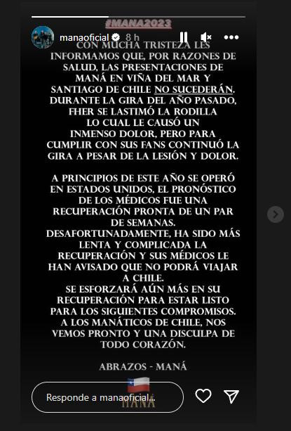 Comunicado de Maná sobre su faltazo a Viña. Foto: Instagram @Manaoficial