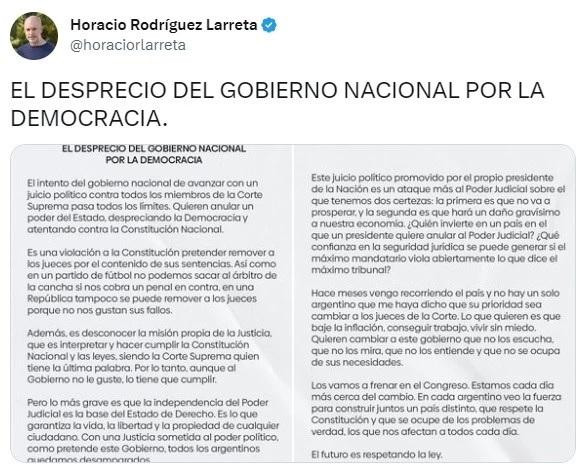 Tuit del jefe de Gobierno porteño.