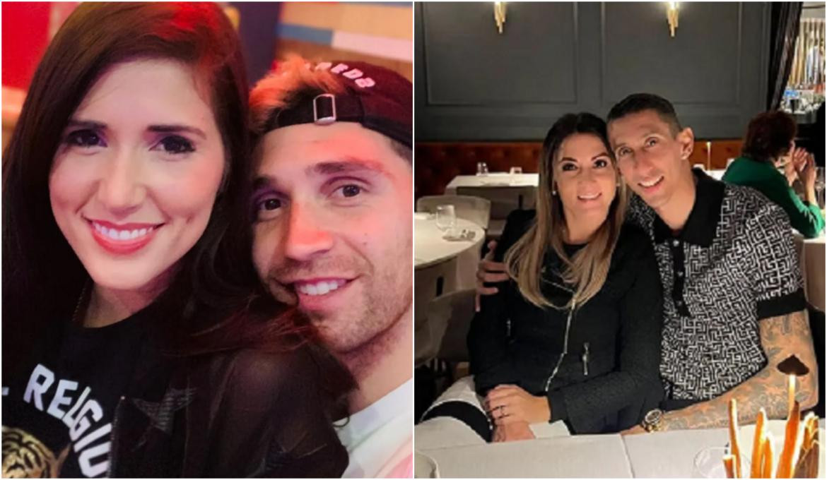 Dibu Martínez y Ángel Di María junto a sus parejas. Fotos: Instagram.