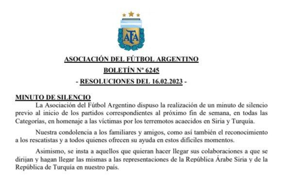 El boletín de AFA sobre el minuto de silencio por el terremoto en Turquía y Siria. Foto: @AFA.