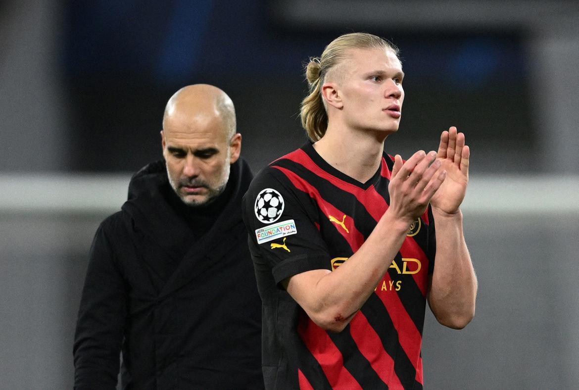 Pep Guardiola y Erling Haaland; Red Bull Leipzig vs. Manchester City. Foto: Reuters