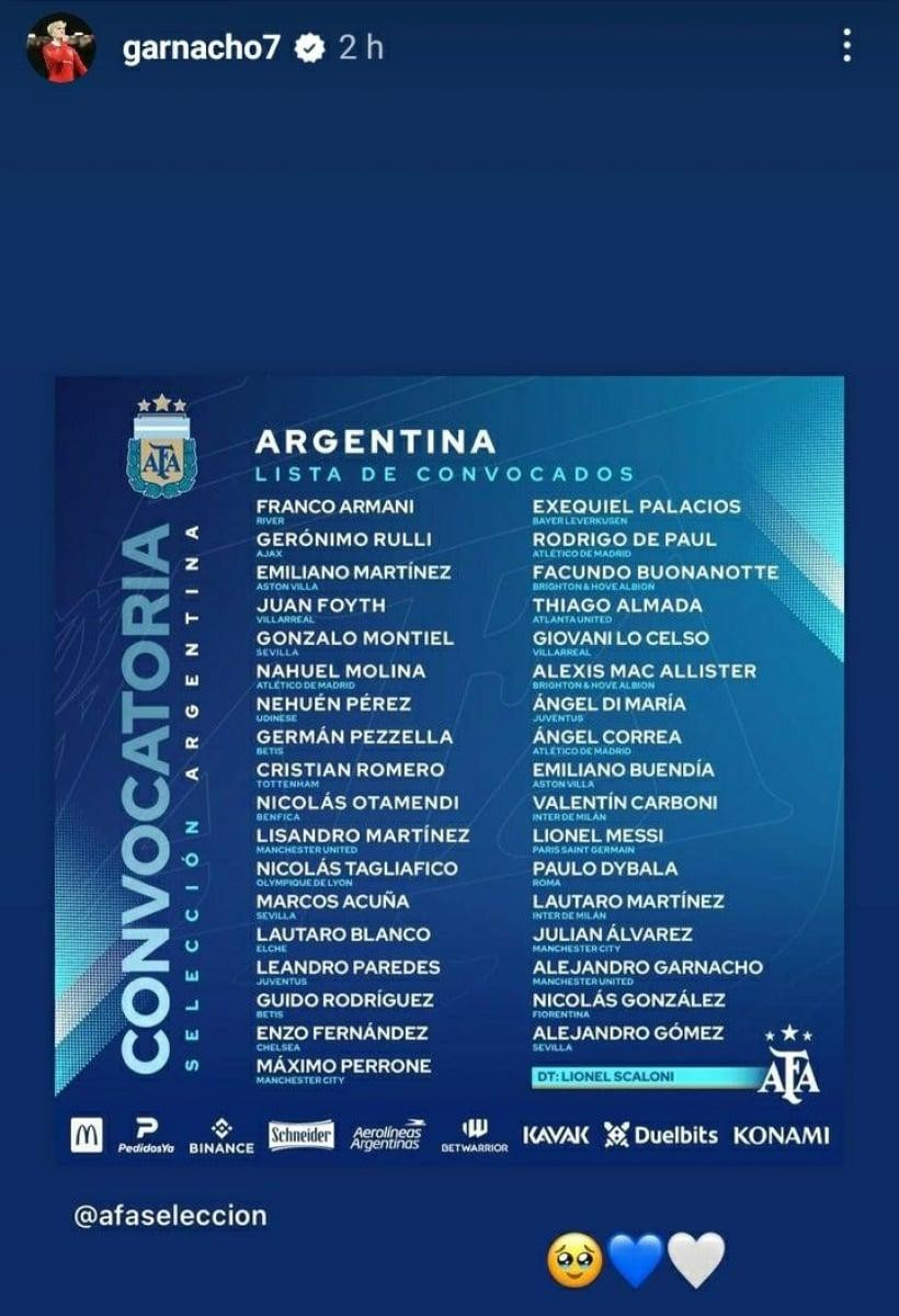 Historia de Instagram de Alejandro Garnacho tras su convocatoria a la Selección.