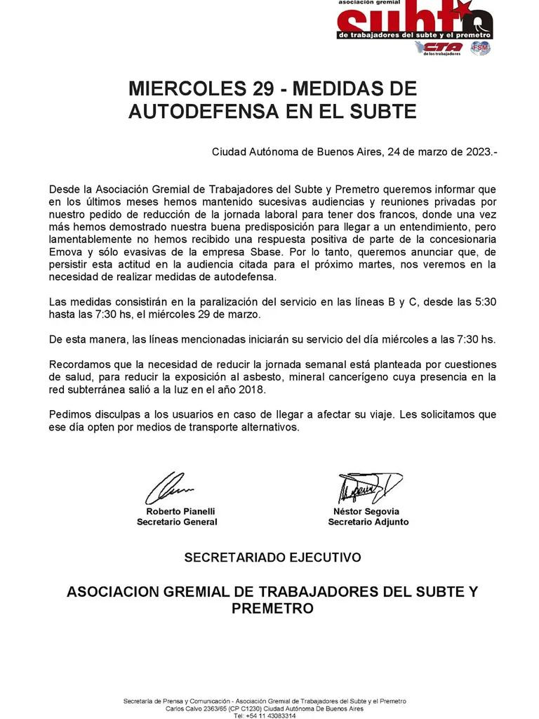 Comunicado gremial sobre el paro de subtes. Foto: Twitter.