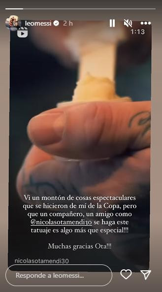 Historia de Lionel Messi sobre el tatuaje de Otamendi. Foto: Instagram