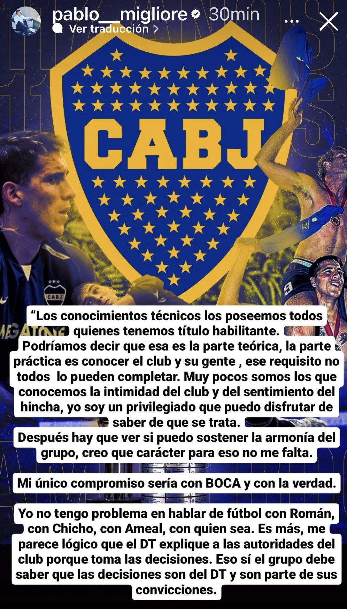 Postulación de Pablo Migliore para ser técnico de Boca. Foto: @pablo_migliore.