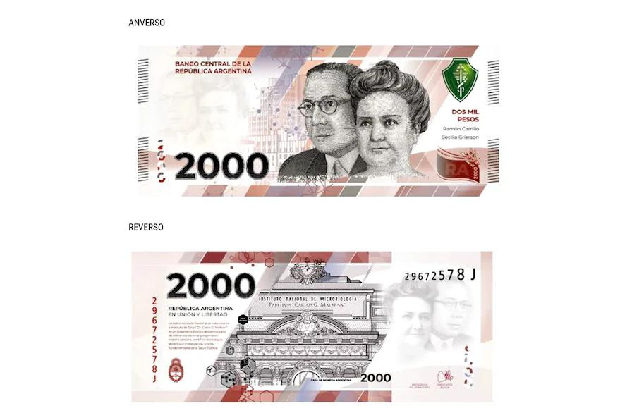 El diseño de los nuevos billetes de $2.000. Foto: Banco Central.