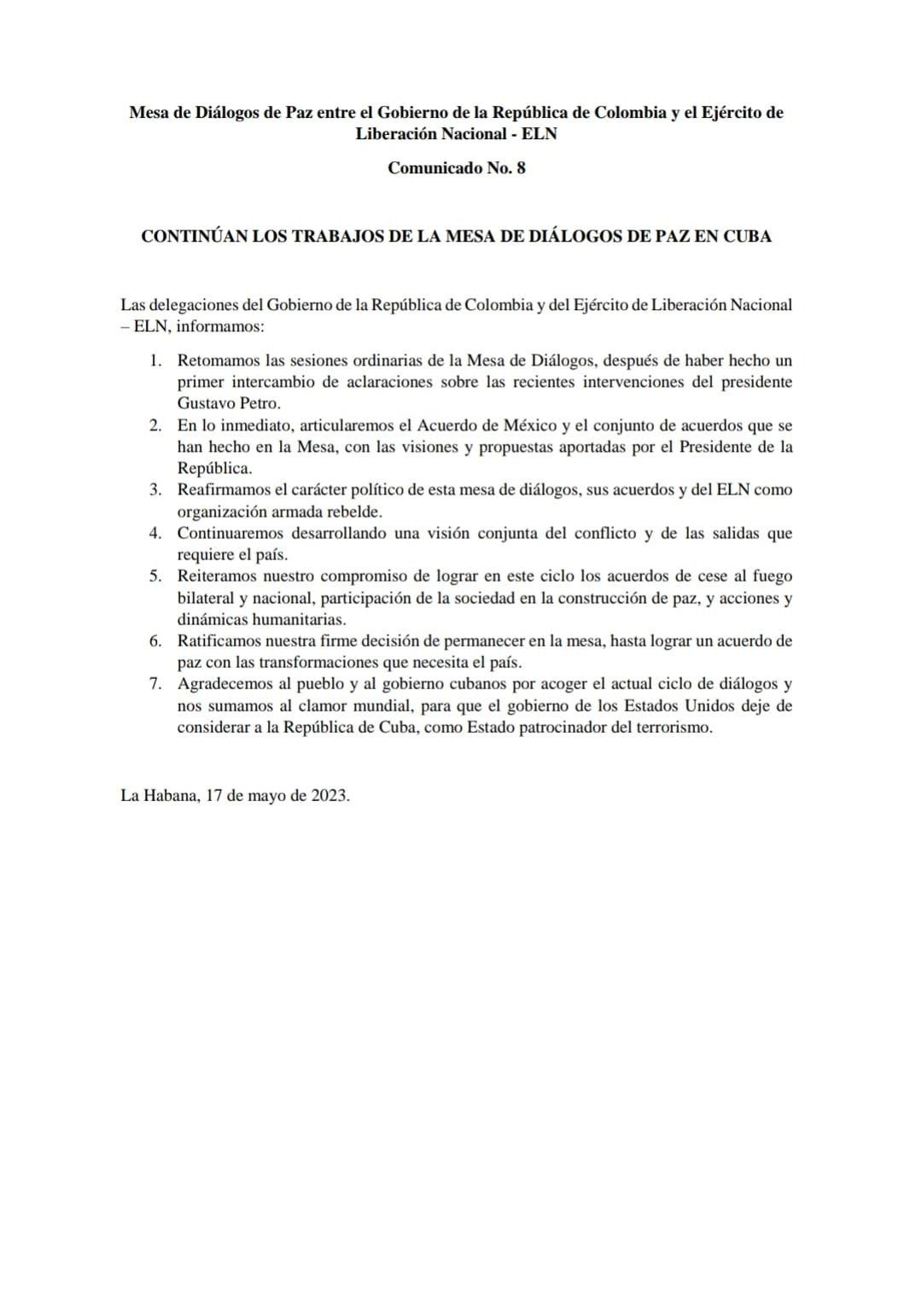 Comunicado conjunto entre el Gobierno de Colombia y el ELN. Foto: @IvanCepedaCast.